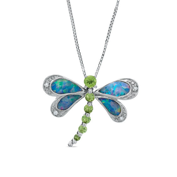 Blue Opal And Peridot Dragonfly Pendant In 14k White Gold With Blue Opal And Peridot Dragonfly Pendant In 14k White Gold With Diamond Accents