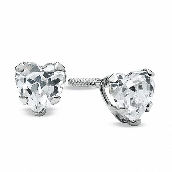 Child S 4 0mm Heart Shaped Cubic Zirconia Earrings In 14k White Gold Child S 4 0mm Heart Shaped Cubic Zirconia Earrings In 14k White Gold