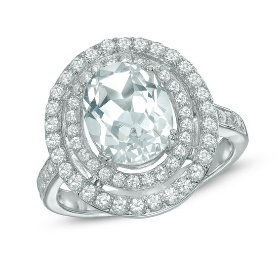 oval lab created white sapphire double frame ring in sterling silver