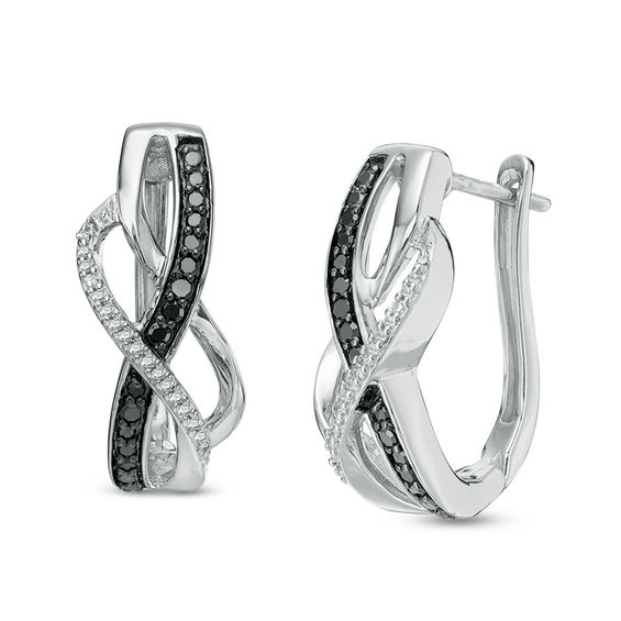 1 4 Ct T W Enhanced Black And White Diamond Wave Hoop Earrings In 1 4 Ct T W Enhanced Black And White Diamond Wave Hoop Earrings In Sterling