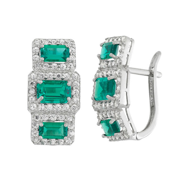 Emerald Cut Lab Created And White Shire Three Stone Emerald Cut Lab Created And White Shire Three Stone Earrings In Sterling Silver