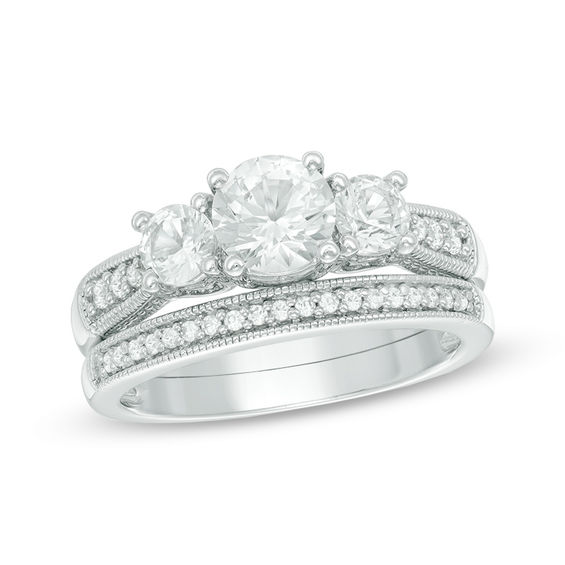 6 0mm Lab Created White Shire Three Stone Bridal Set In 6 0mm Lab Created White Shire Three Stone Bridal Set In Sterling Silver Size