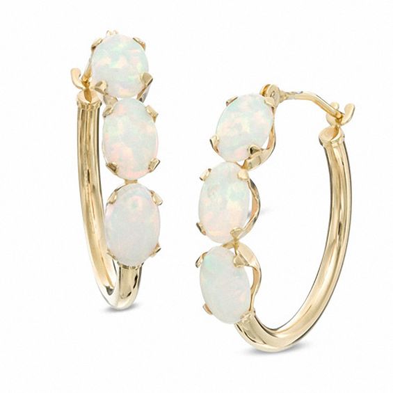 Oval Lab Created Opal Three Stone Hoop Earrings In 10k Gold Oval Lab Created Opal Three Stone Hoop Earrings In 10k Gold