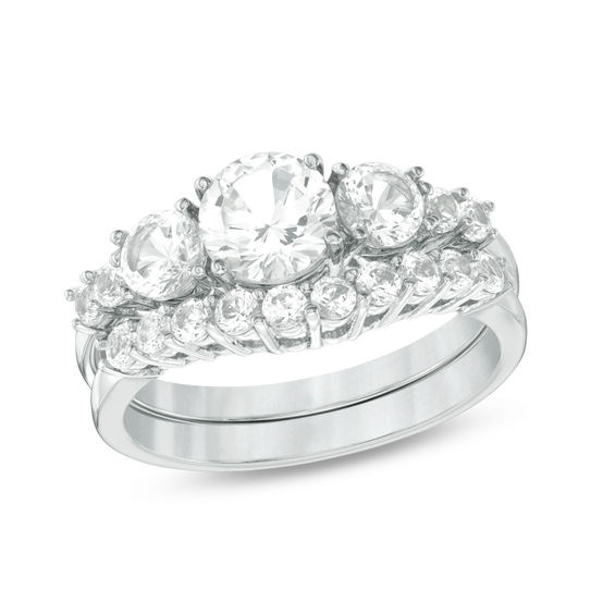 Lab Created White Shire Three Stone Bridal Set In Sterling Silver Lab Created White Shire Three Stone Bridal Set In Sterling Silver Size 7