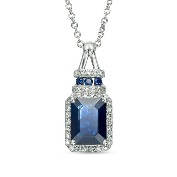 Effy Collection Emerald Cut Blue Sapphire And 1 8 Ct T W Diamond Effy Collection Emerald Cut Blue Sapphire And 1 8 Ct T W Diamond Frame Split Bale Pendant In 14k White Gold
