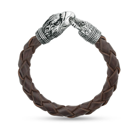 Effy Collection Men S Black Spinel Eagle Head Brown Woven Leather Effy Collection Men S Black Spinel Eagle Head Brown Woven Leather Bracelet In Sterling Silver
