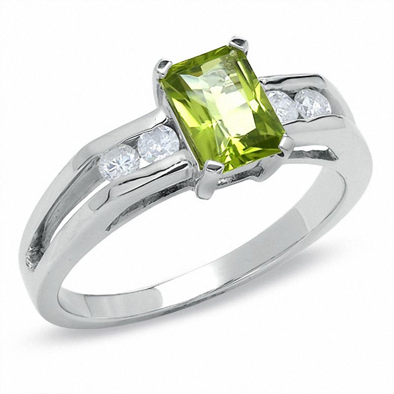 Emerald-Cut Peridot Ring in 14K White Gold with Diamond Accents