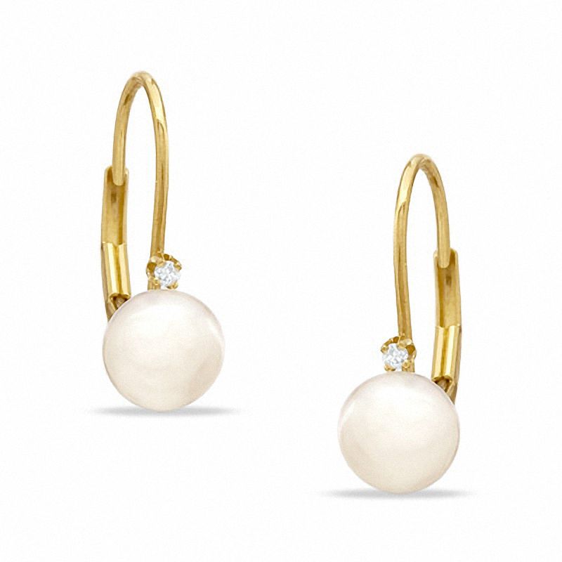 6.0-6.5mm Cultured Freshwater Pearl and Diamond Accent Leverback Earrings in 14K Gold