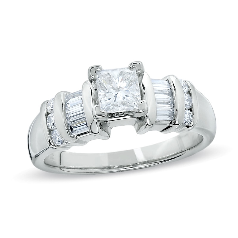 1 CT. T.W. Princess-Cut Diamond Engagement Ring with Baguette Sidestones in Platinum
