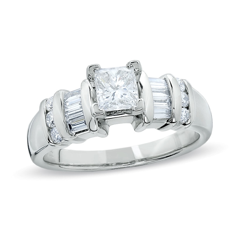 Main Image 1 of 1 CT. T.W. Princess-Cut Diamond Engagement Ring with Baguette Sidestones in Platinum