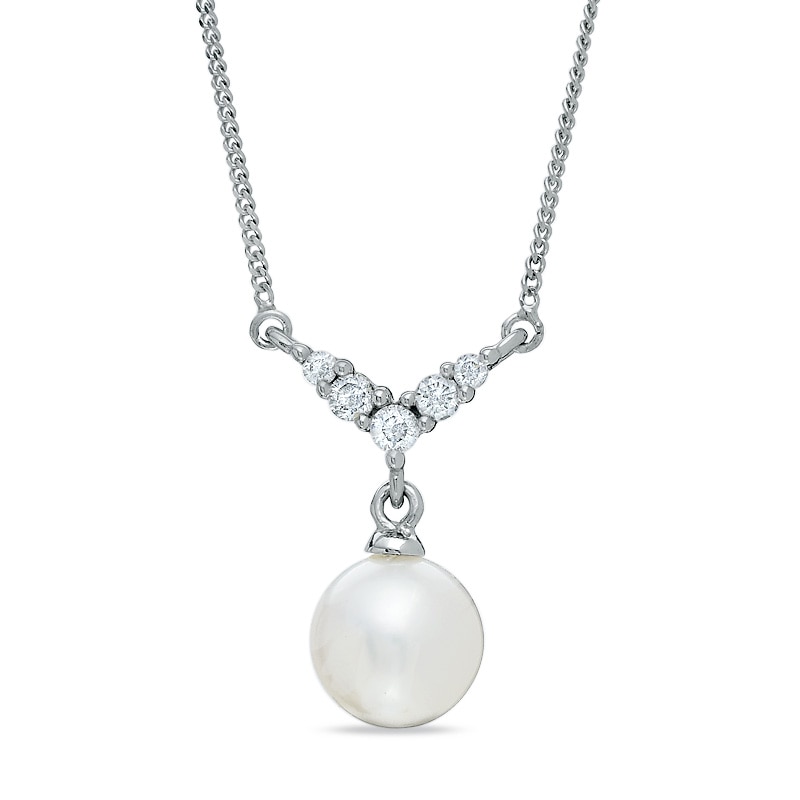 6.0-6.5mm Cultured Freshwater Pearl Necklace in 14K White Gold with Diamond Accents