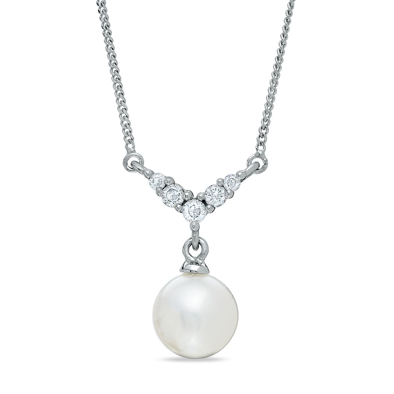 Main Image 1 of 6.0-6.5mm Freshwater Cultured Pearl Necklace in 14K White Gold with Diamond Accents