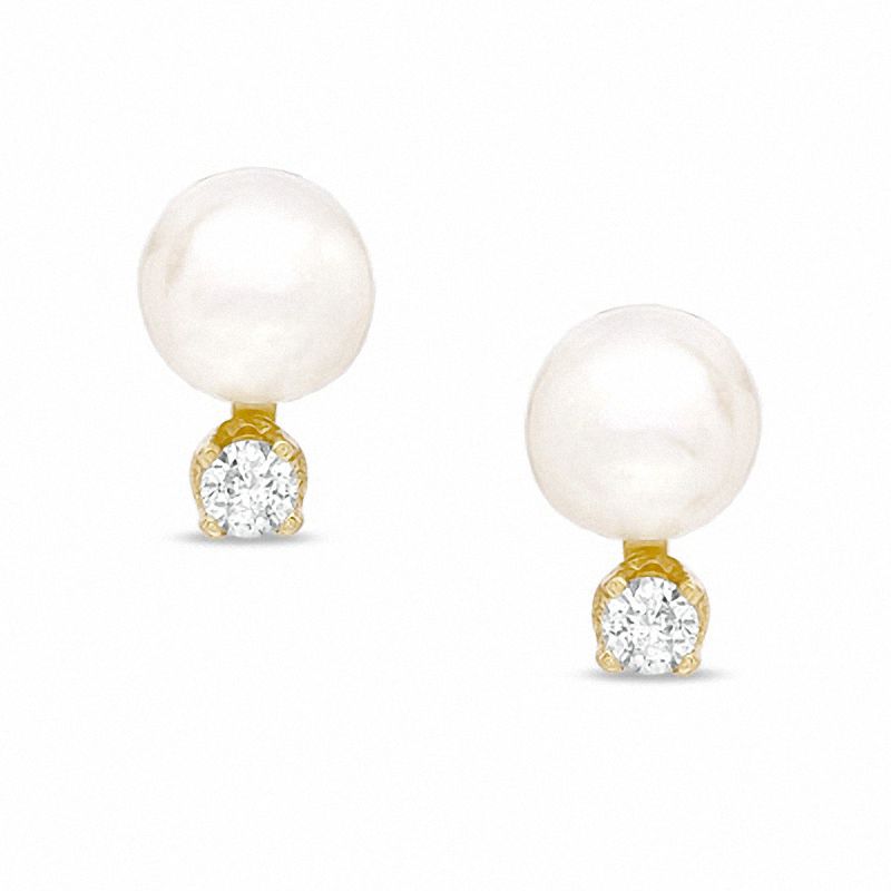 Main Image 1 of 5.5-6.0mm Akoya Cultured Pearl Earrings with Diamond Accents in 14K Gold