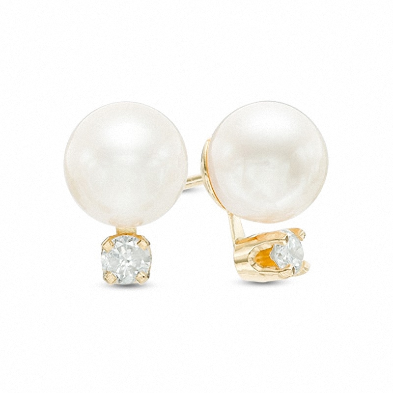 7.5 - 8.0mm Cultured Akoya Pearl Earrings with Diamond Accents in 14K Gold