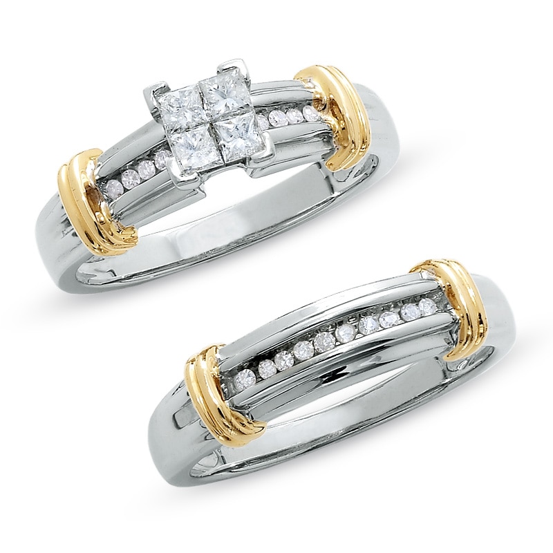 7/8 CT. T.W. Quad Princess-Cut Diamond Bridal Set in 14K Two-Tone Gold
