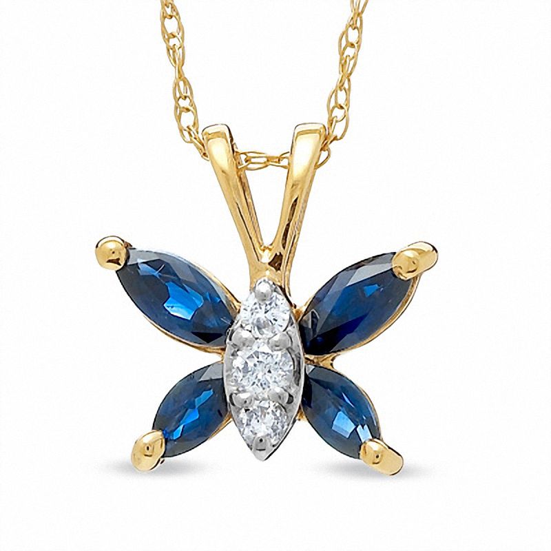 Sapphire Butterfly Pendant in 14K Gold with Diamond Accents