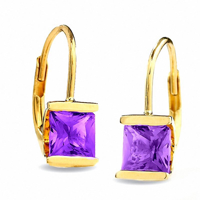 Main Image 1 of 5.0mm Princess-Cut Amethyst Leverback Earrings in 14K Gold
