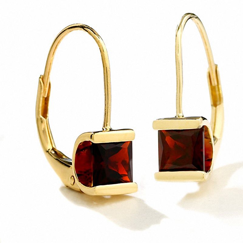 Main Image 1 of Princess Cut Garnet Leverback Earrings in 14K Gold