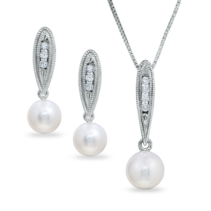 Main Image 1 of Freshwater Cultured Pearl Milgrain Pendant and Earring Set with Diamond Accents in 14K White Gold
