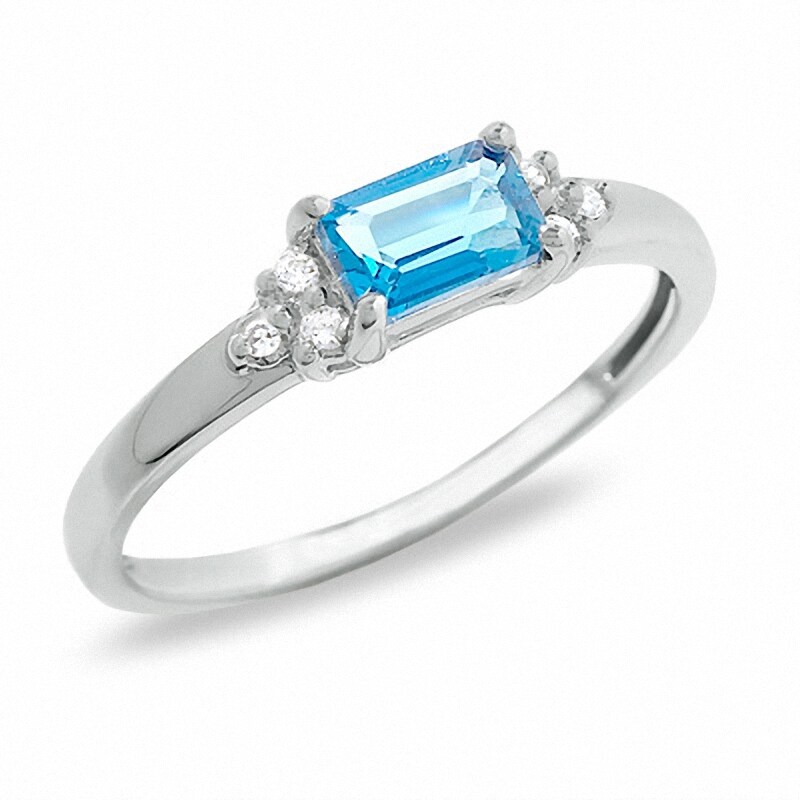 Octagon Blue Topaz Ring in 14K White Gold with Diamond Accents