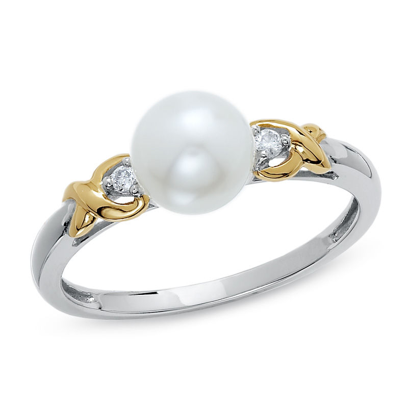 6.5-7.0mm Cultured Freshwater Pearl "X" Ring with Diamond Accents in 14K Two-Tone Gold