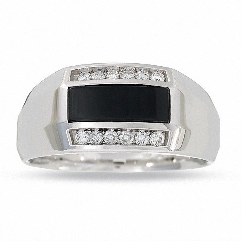 Men's Barrel-Cut Onyx and Diamond Ring in 14K White Gold