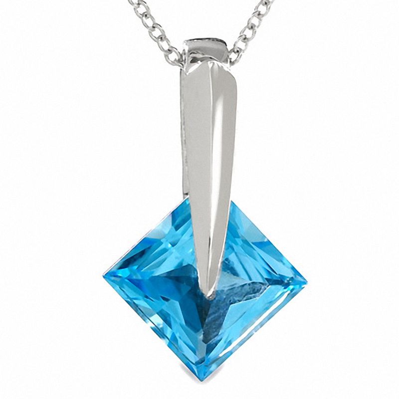 Main Image 1 of Square Blue Topaz Pendant in 14K White Gold