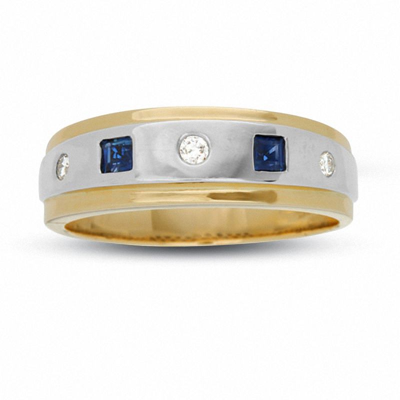 Men's Square-Cut Sapphire and 1/10 CT. T.W. Diamond Band in 14K Two-Tone Gold