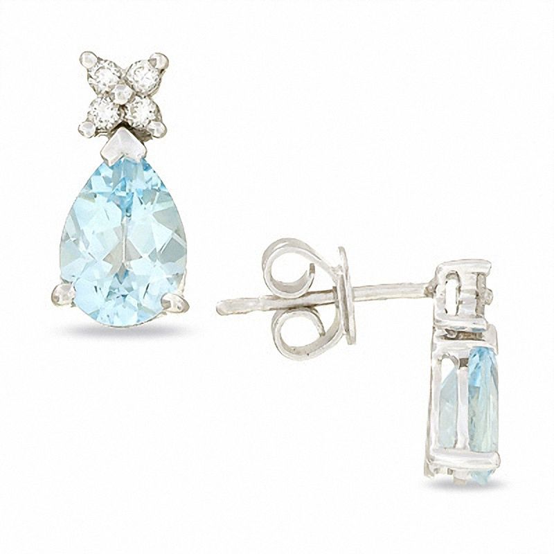 Main Image 1 of Pear-Shaped Aquamarine Earrings in 14K White Gold with Diamond Flowers