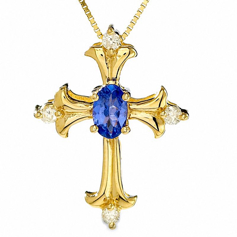 Main Image 1 of Tanzanite Cross Pendant in 14K Gold with Diamond Accents