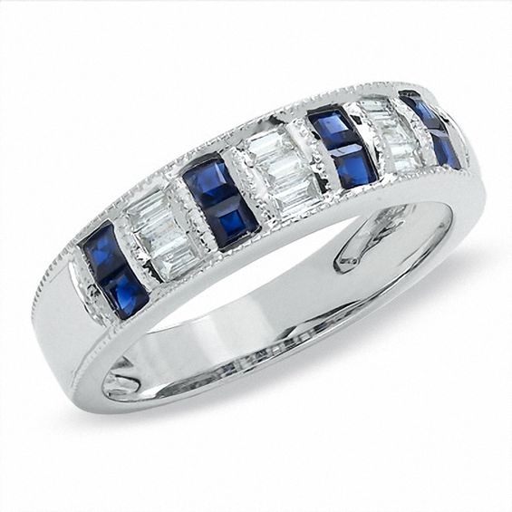 Princess-Cut Sapphire and Baguette Diamond Band in 14K White Gold ...
