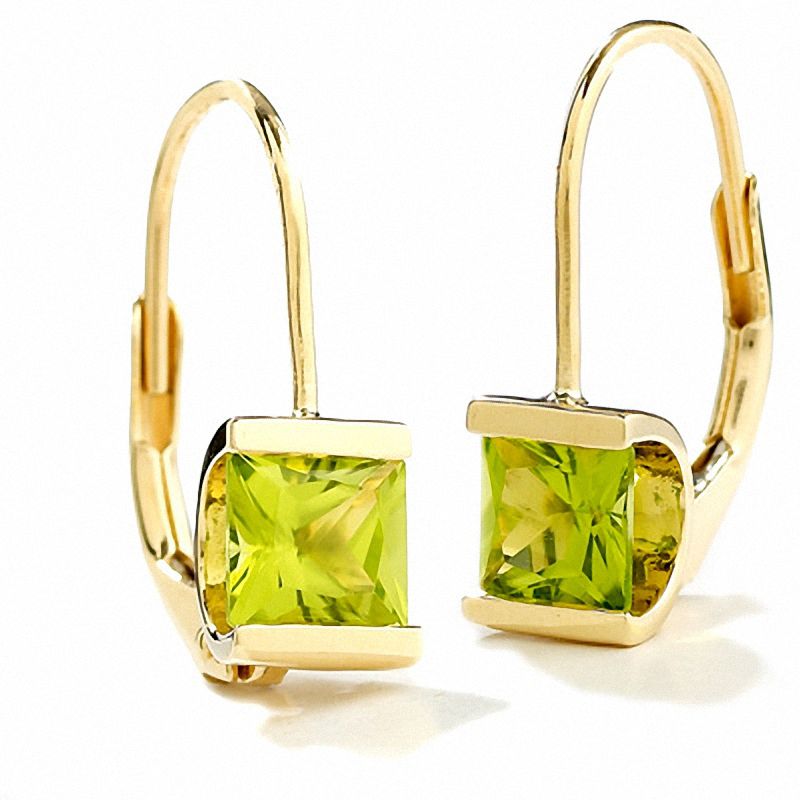 5.0mm Princess-Cut Peridot Leverback Earrings in 14K Gold