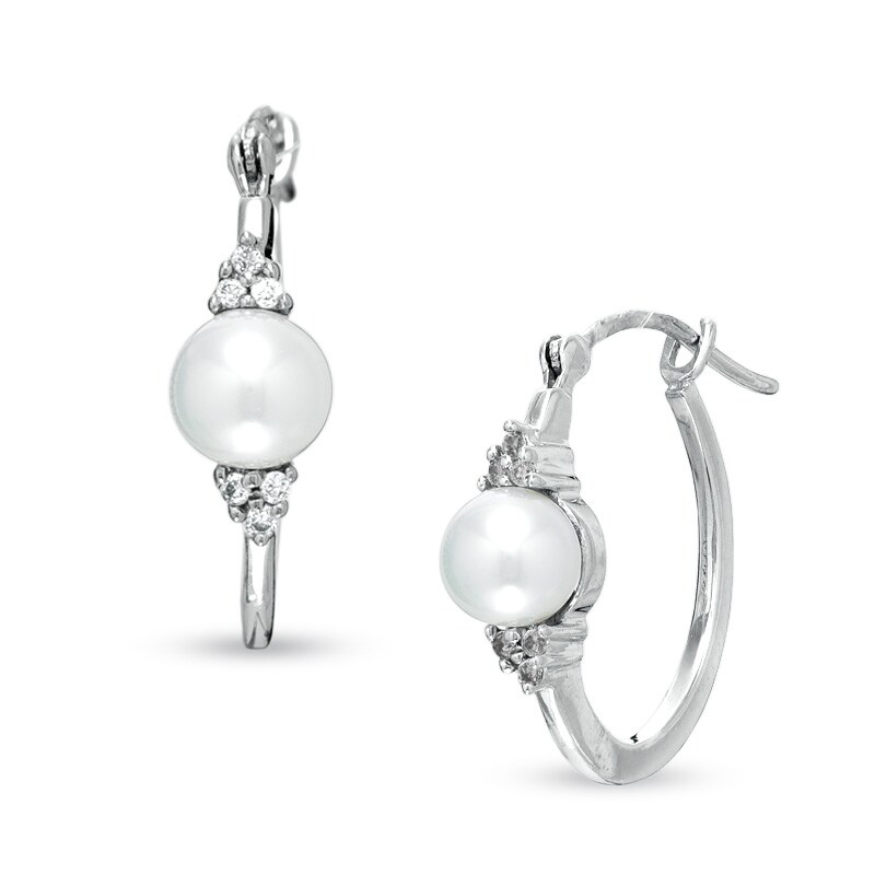 Cultured Freshwater Pearl and Diamond Accent Hoop Earrings in 14K White Gold