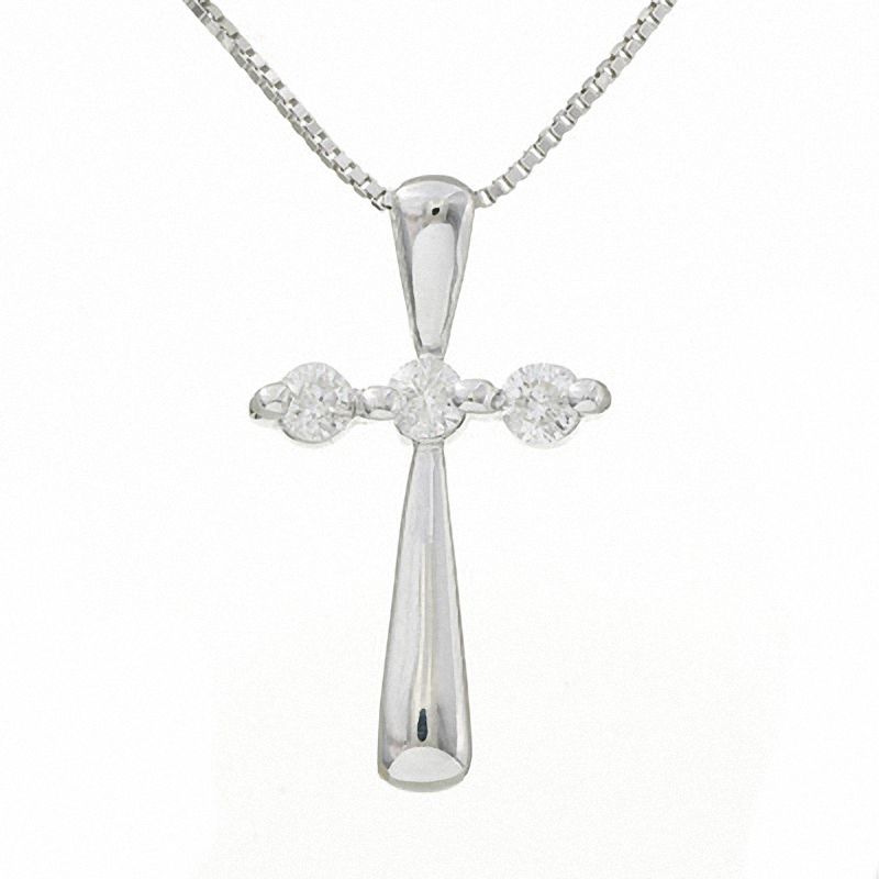 Main Image 1 of 1/7 CT. T.W. Diamond Three Stone Cross Pendant in 14K White Gold