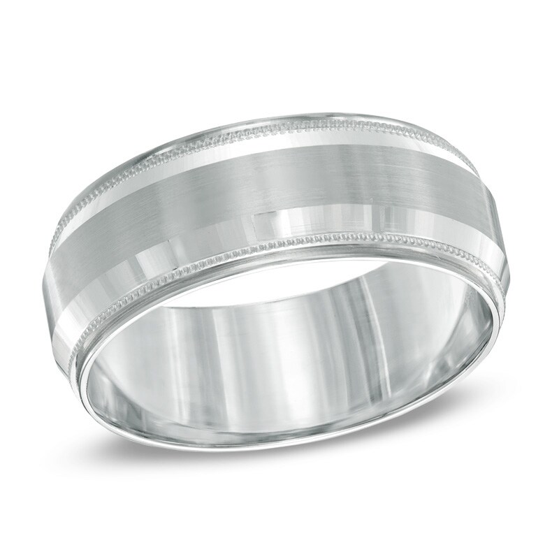 Men's 8.0mm Bevelled Milgrain Comfort Fit Wedding Band in 14K White Gold - Size 10