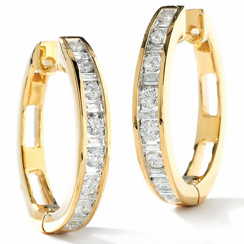 Main Image 1 of 3/4 CT. T.W. Baguette and Round Diamond Hoop Earrings in 14K Gold