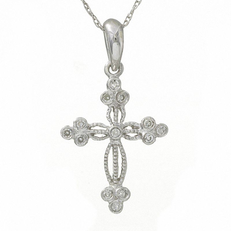 Main Image 1 of 1/15 CT. T.W. Diamond Milgrain Deco Cross in 14K White Gold