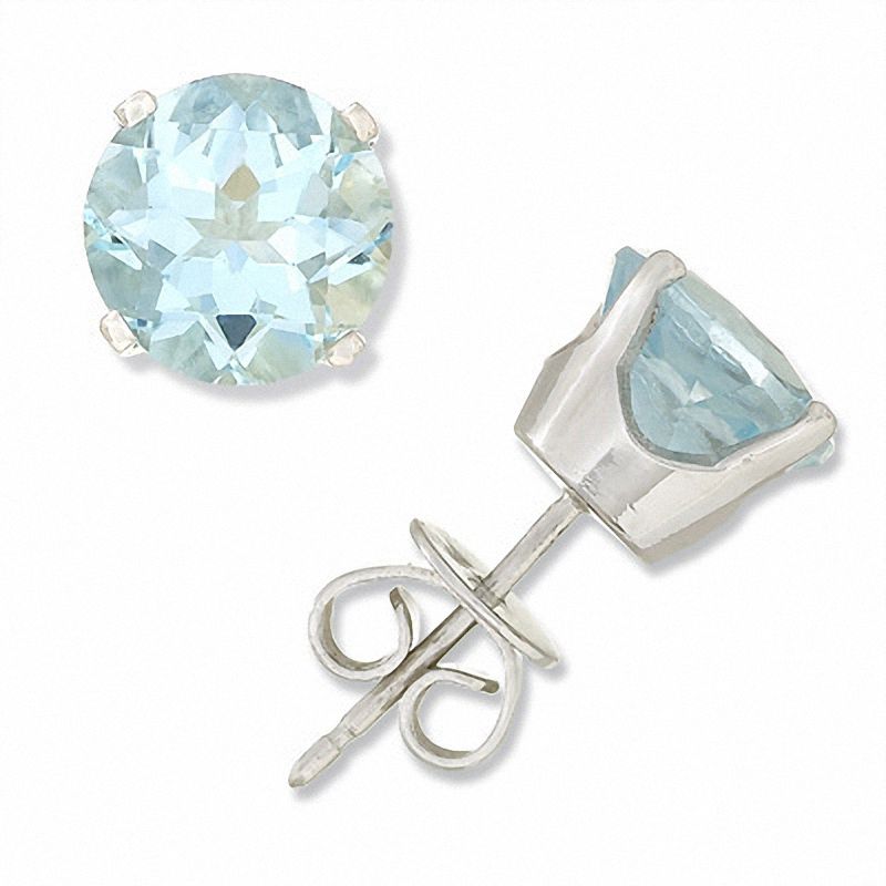 Main Image 1 of 7.0mm Aquamarine Stud Earrings in 14K White Gold