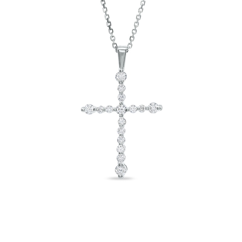 Main Image 1 of 1/2 CT. T.W. Colourless Diamond Prong Cross Pendant in 14K White Gold
