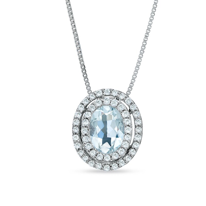 Main Image 1 of Oval Aquamarine Pendant in 14K White Gold with Diamond Accents