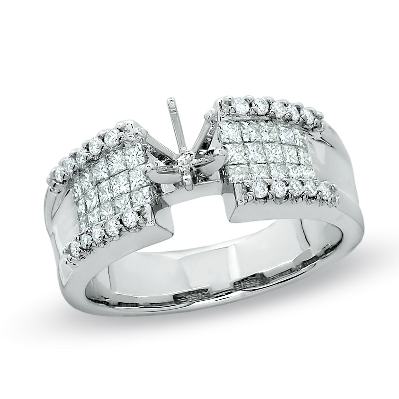 Main Image 1 of 5/8 CT. T.W. Semi Mount Diamond Engagement Ring with Round and Princess-Cut Diamonds in 14K White Gold
