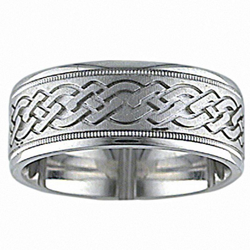 Men's 8.0mm Woven Link Pattern Wedding Band in 14K White Gold - Size 10.5