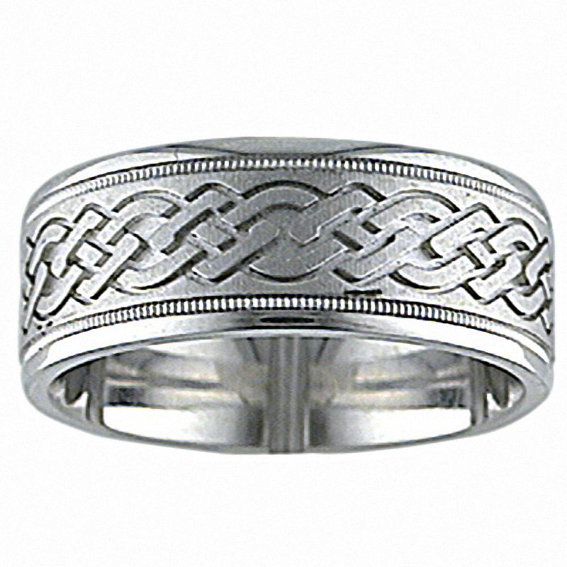 Main Image 1 of Men's 8.0mm Woven Link Pattern Wedding Band in 14K White Gold - Size 10.5