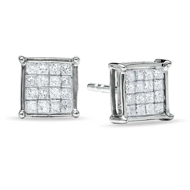 Main Image 1 of 1/3 CT. T.W. Composite Princess Diamond Earrings in 14K White Gold