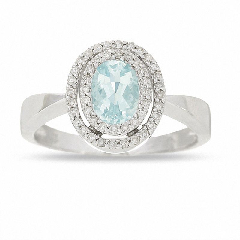 Main Image 1 of Oval Aquamarine Ring in 14K White Gold with Diamond Accents