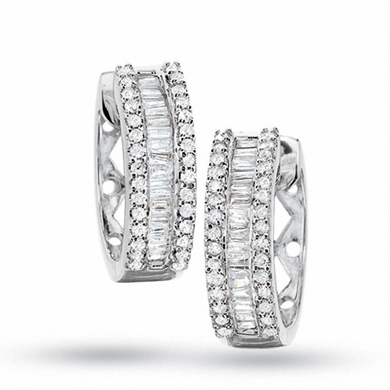 Main Image 1 of 1/2 CT. T.W. Recessed Baguette Diamond Hoop Earrings in 14K White Gold