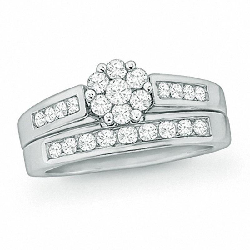 Main Image 1 of 1/2 CT. T.W. Multi-Diamond Flower Bridal Set in 10K White Gold