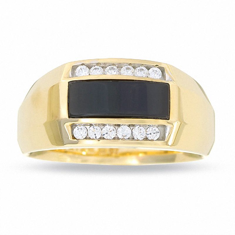 Horizontal Onyx and Diamond Ring in 14K Gold