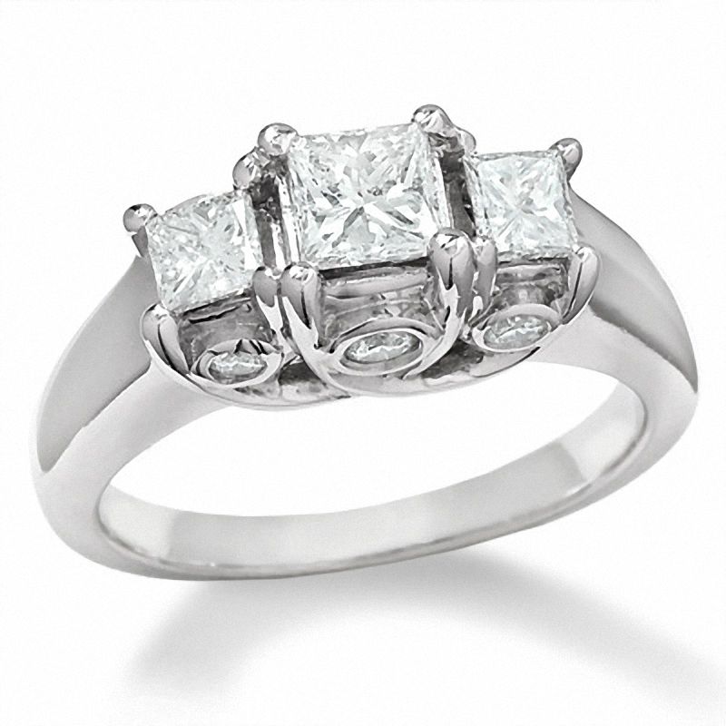 1-1/4 CT. T.W. Princess-Cut Diamond Three Stone Ring in 14K White Gold with Diamond Accents