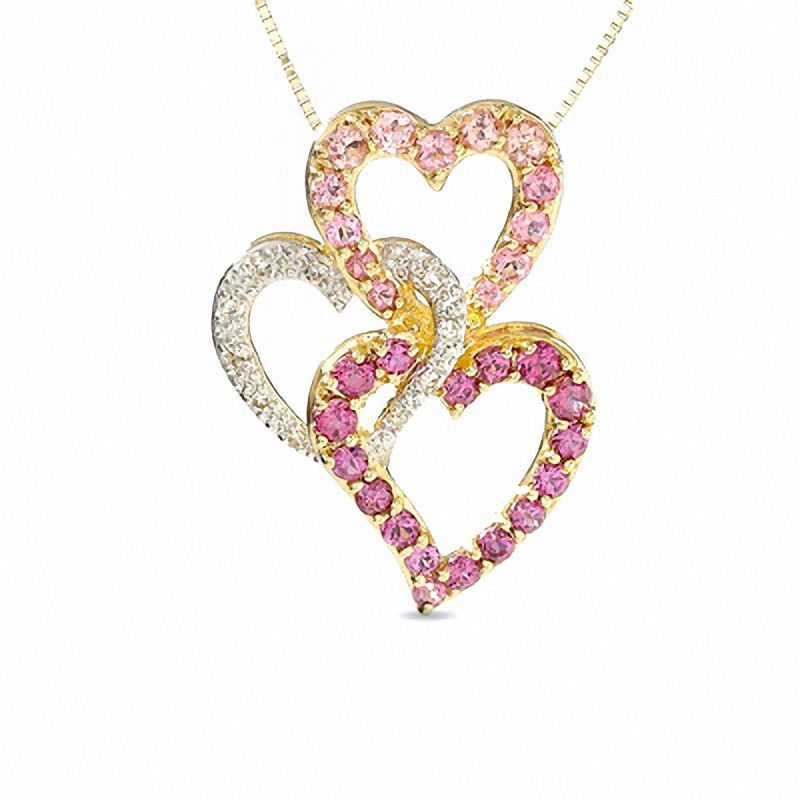 Main Image 1 of Brazilian Garnet, Pink Tourmaline Three Heart Pendant in 14K Gold with Diamond Accents